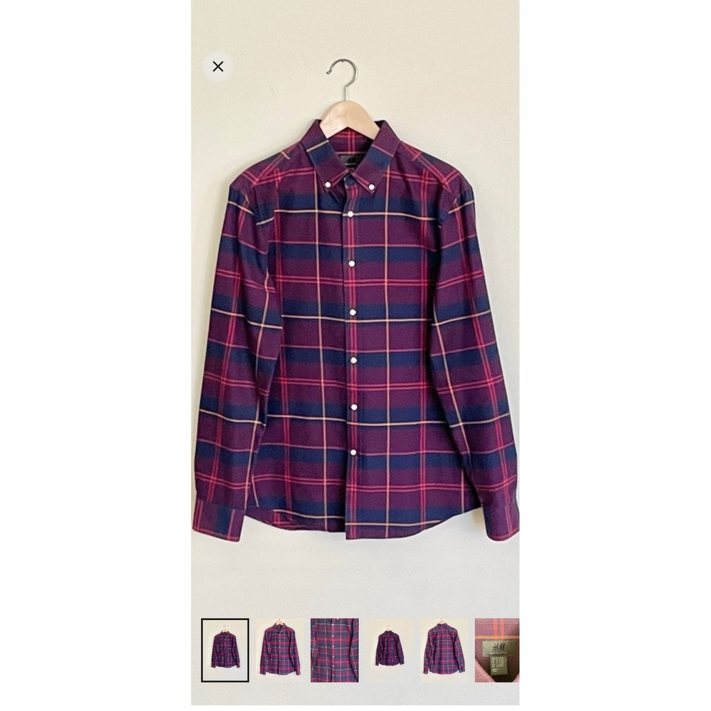 HM Premium‎ Cotton Plaid Button Down Shirt Mens XL Burgundy Navy Long Sleeve